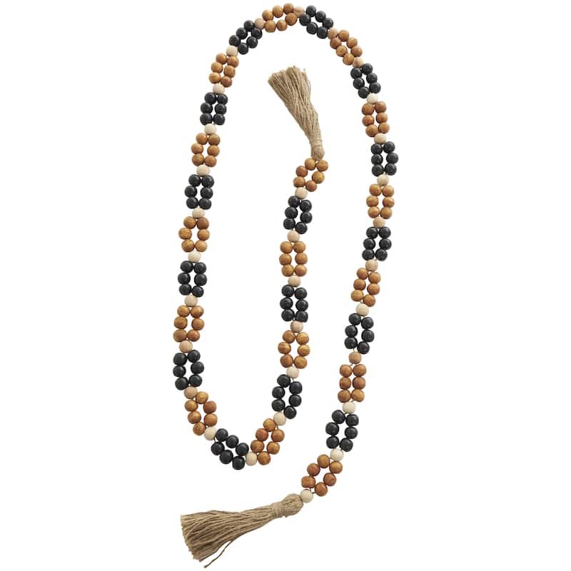 Brown Mango Wood Handmade Round Double Layered Long Carved Beaded Garland with Tassel with Black and Cream Accents