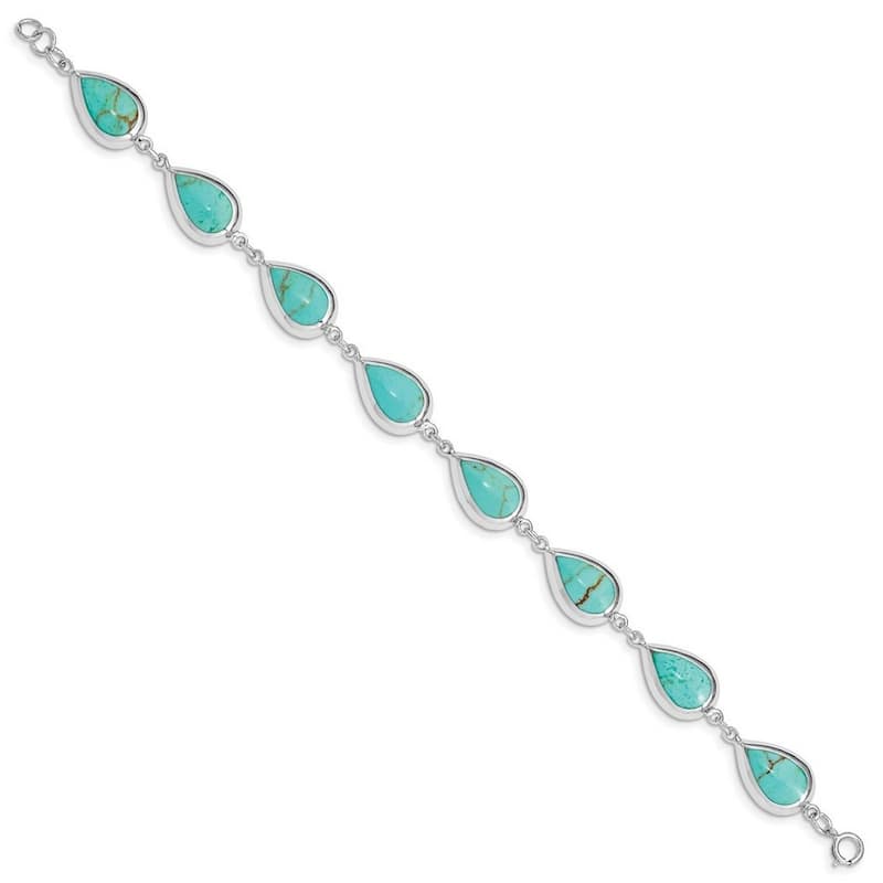 Curata 925 Sterling Silver Spring Ring Polished Teardrop Synthetic Simulated Turquoise Bracelet 7.75 Inch