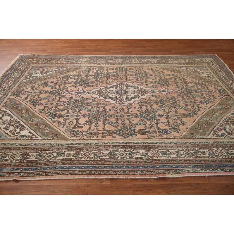 Pink Geometric Hamedan Persian Vintage Rug Hand-knotted Wool Carpet - 6'10" x 9'11"