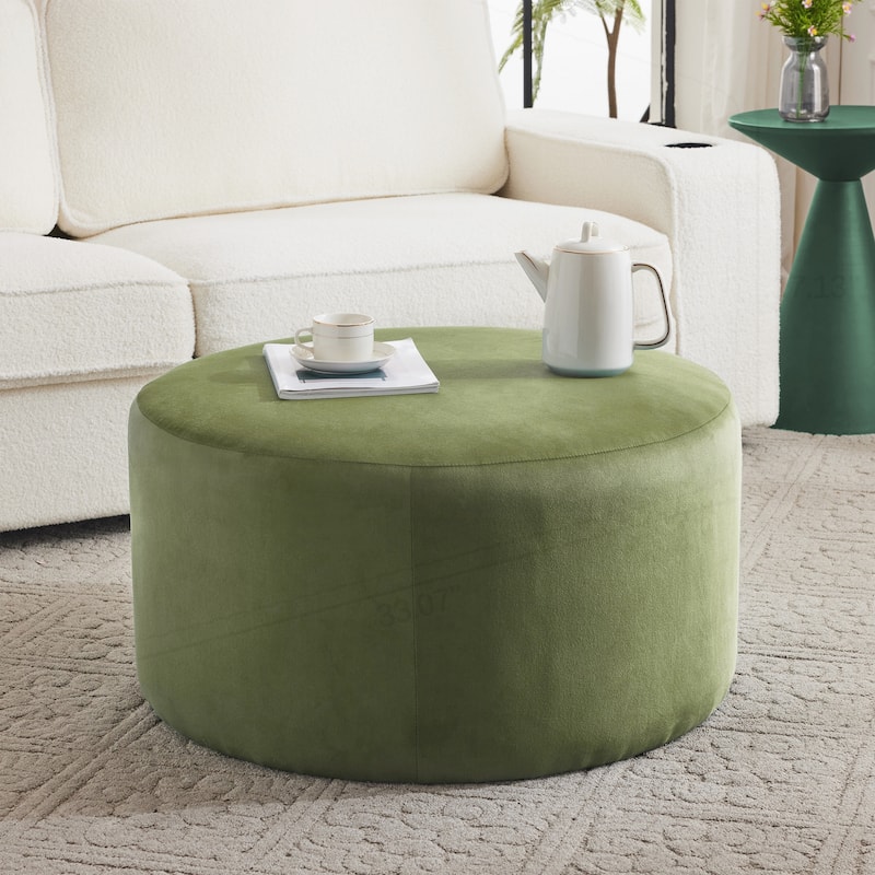 Velvet Round Ottoman - Olive Green
