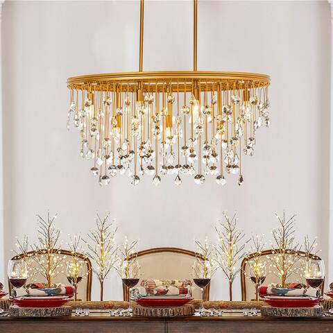 9-Light 35" Contemporary and Glam Antique Gold Rain Drop Crystal Chandelier For Dining Room
