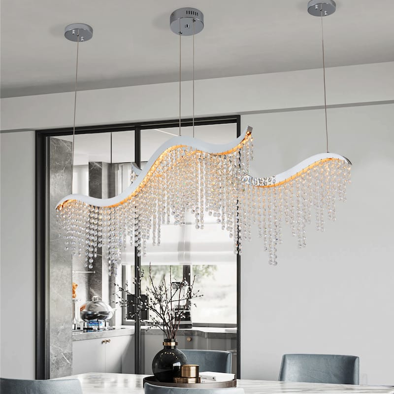 Modern Wave LED Crystal Chandelier, Adjustable Height