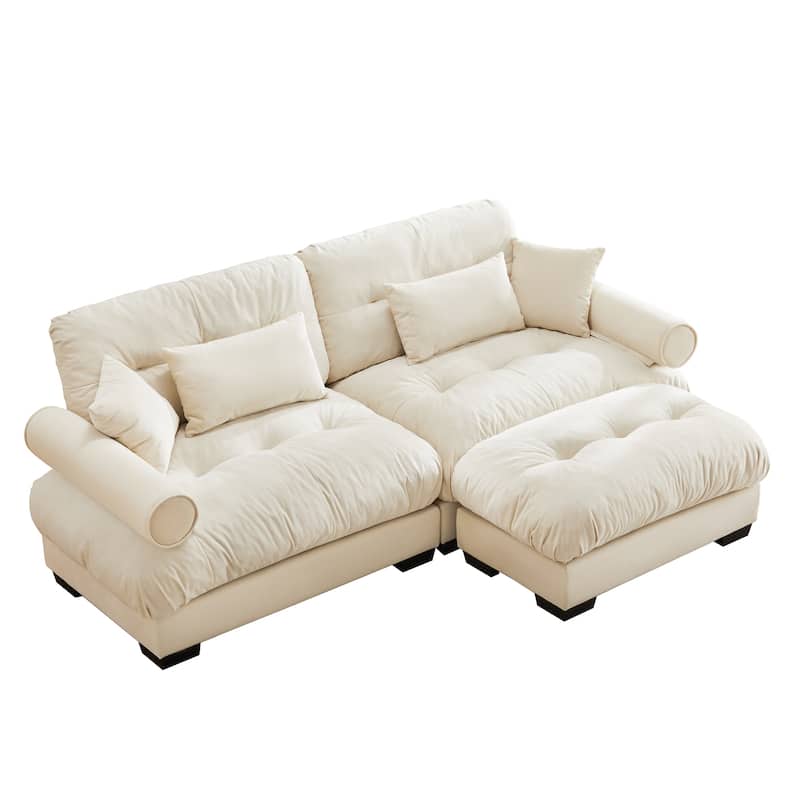 GDFStudio - Meridian Velvet 2-seater Cloud Sofa with Ottoman and Round Bolster Armrests