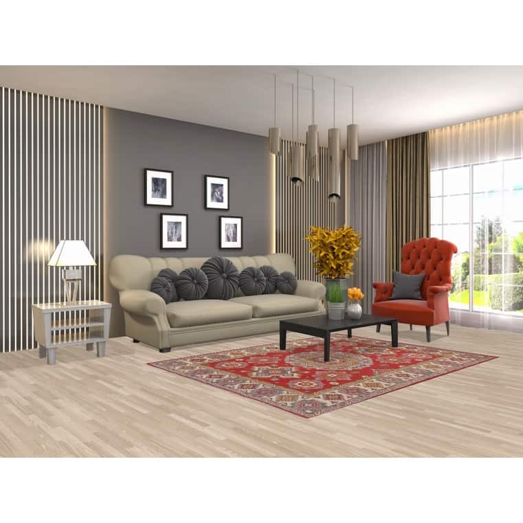 Geometric Kazak Area Rug Handmade Oriental Red Living Room Wool Carpet - 4'11" x 6'8"