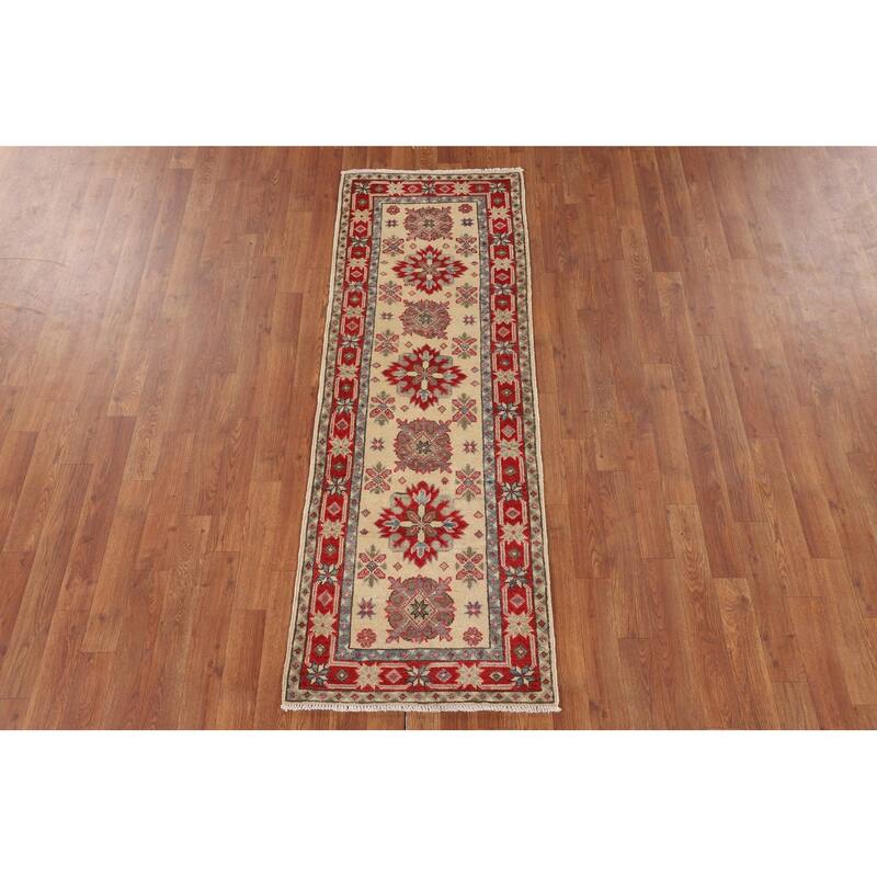 Geometric Kazak Oriental Runner Rug Handmade Beige Wool Carpet - 2'0" x 5'9"