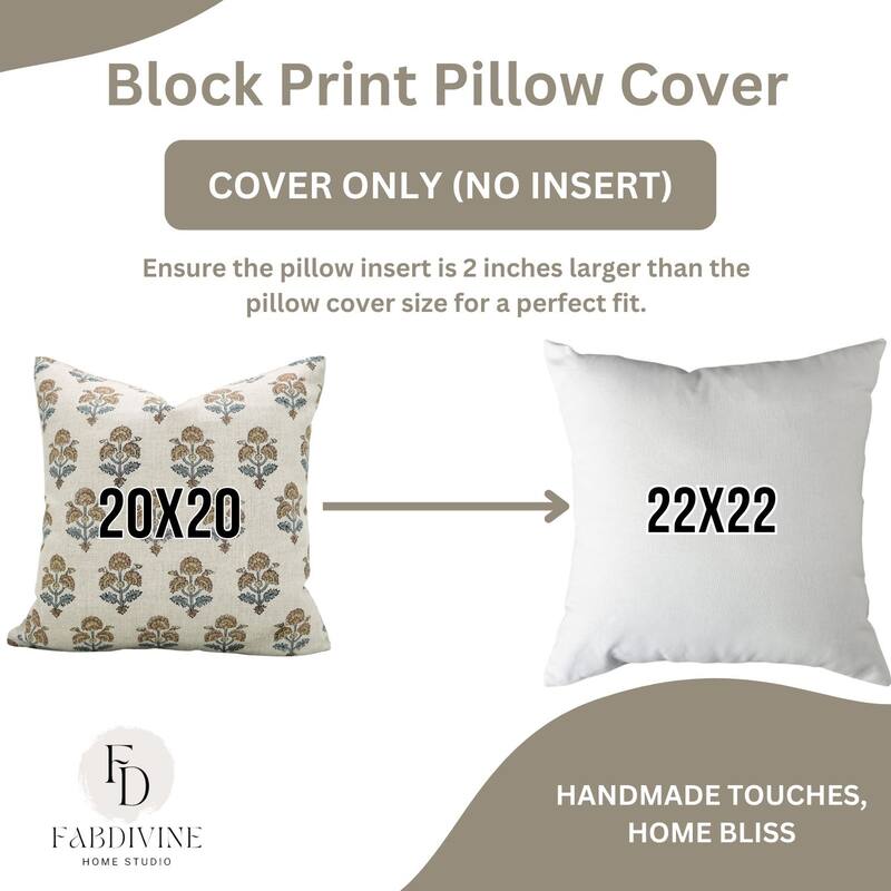 Fabdivine Handmade Floral Block Print Soft Pure Linen Fabric Pipine Pillow Cover Decorative Cushion Case