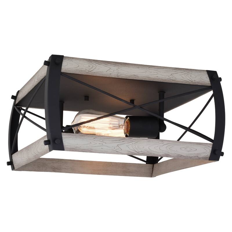 Cage Flush Mount Ceiling Light - Black & White Ash Wood Finish - Modern Farmhouse Lighting - 6.5