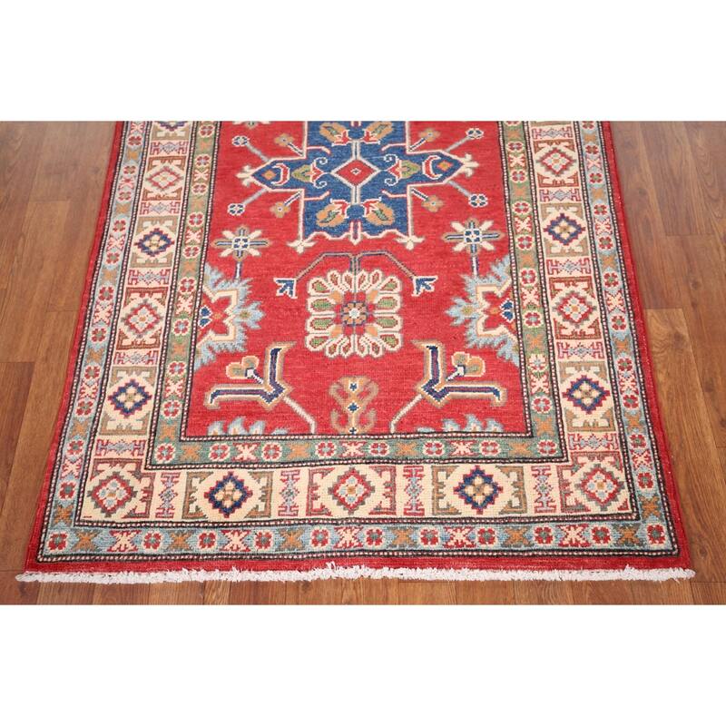 Geometric Red Kazak Oriental Accent Rug Handmade Wool Carpet - 3'4" x 5'0"