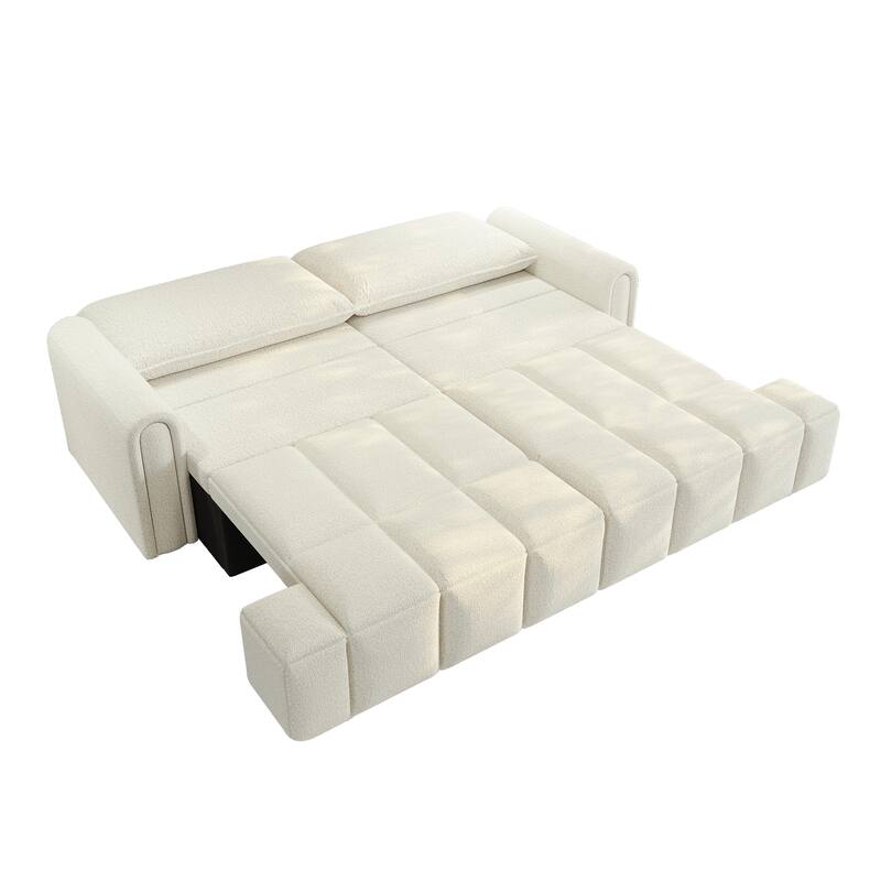 90.2" Sleeper Sofa with Pull-Out Bed, 3-in-1 Convertible Sofa Bed, Large Teddy Loveseat with Adjustable Backrest & Storage Seats