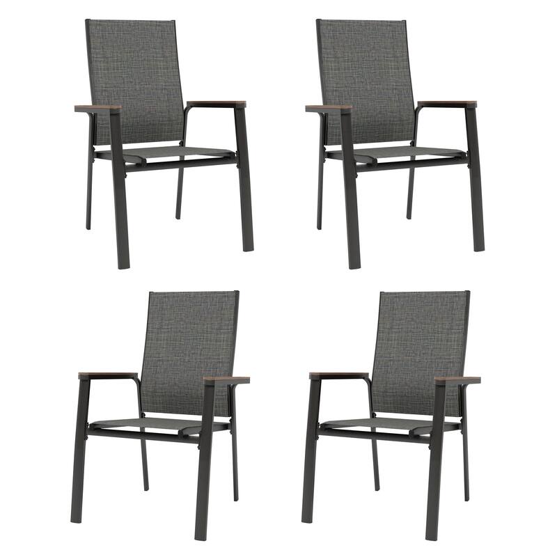 MAISON ARTS 4 Pieces Aluminium Stackable Patio Dining Chairs with Wooden Armest