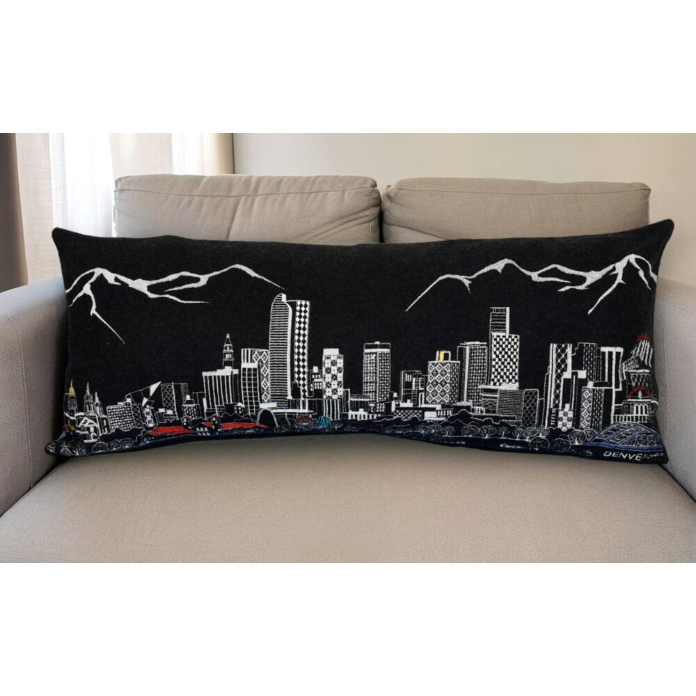HomeRoots 35" Black Denver Nighttime Skyline Lumbar Decorative Pillow