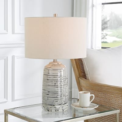 Urn Style Ceramic Table Lamp with Drum Shade - 24.75" - Gray and White