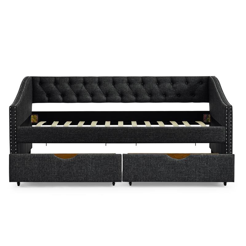 Roomfitters Twin/Full/Queen Upholstered Daybed with Tufted Backrest, Nailhead Trim and Underbed Storage Trundle
