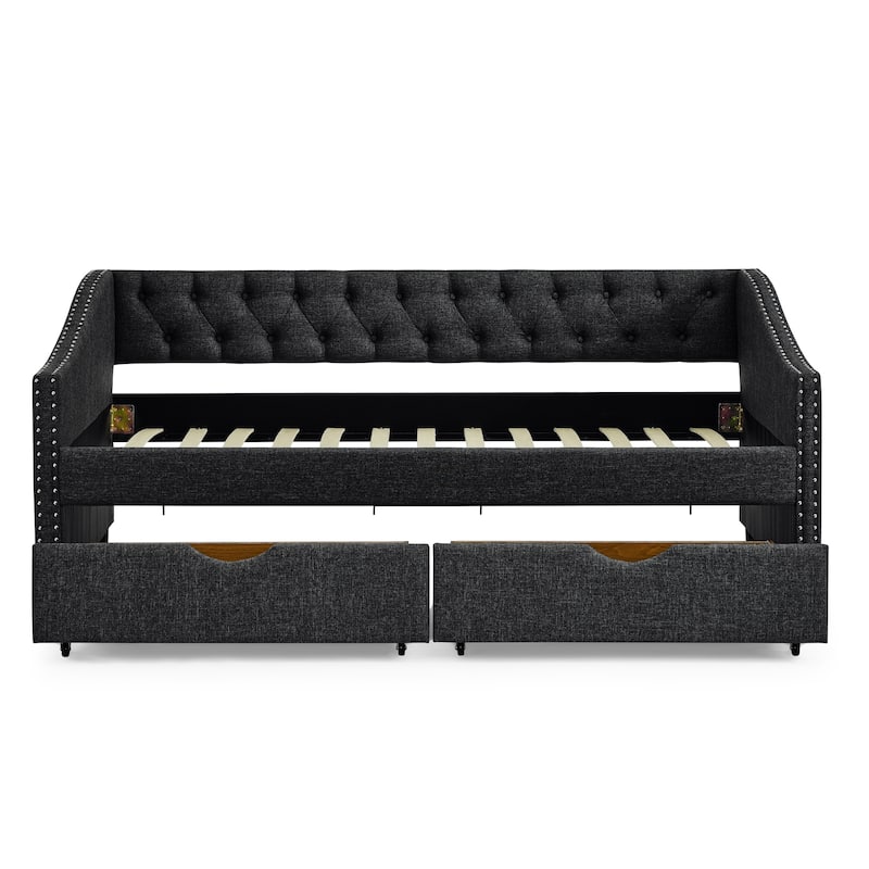 Twin Size Daybed with Drawers Upholstered Tufted Sofa Bed,with Button on Back and Copper Nail on Waved Shape Arms