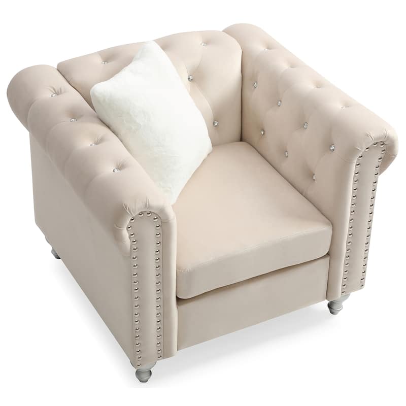 Jeweled Tufted Accent Chair with Square Throw Pillow - 38" - Beige