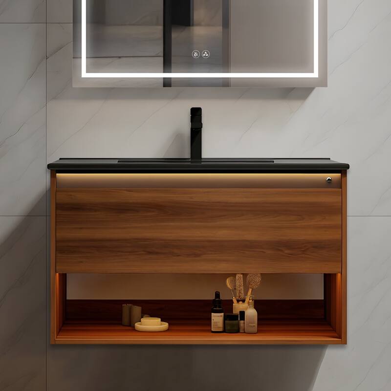 Blossom Bergen Wall Mounted Floating Bathroom Vanity with Sink - Walnut - 36" MB Ceramic Sink