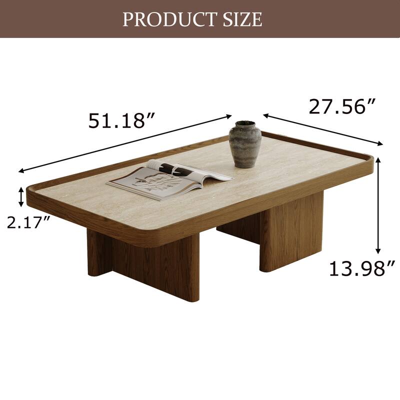 51.18" Mid Century Retangular Coffee Table, Beige Sintered Stone Table top, Solid Wood Legs