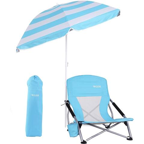 Low Beach Folding Camping Chair with Detachable SPF 50+ Umbrella, Armrests with Cup Holder, Portable Lightweight Outdoor