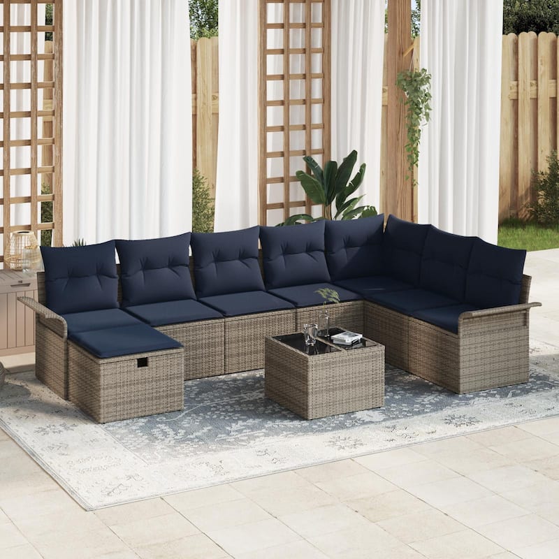 vidaXL 8/9 Piece Garden Sofa Set with Cushions - Grey and Navy Blue-with table - 117.1×73.8×27.2