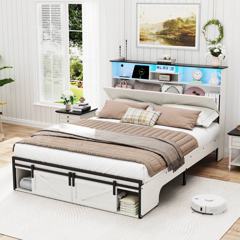 Queen Size Farmhouse Bed Frame with Storage, Charging Station, and RGB LED Lights
