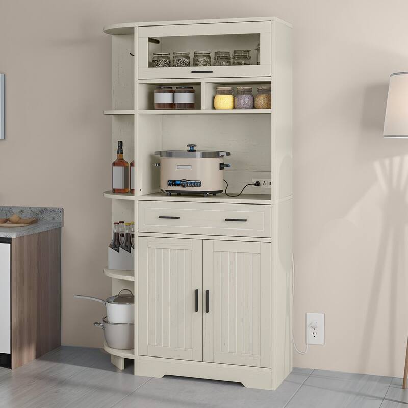 67" Kitchen Pantry Cabinets with Microwave Stand & Charging Station