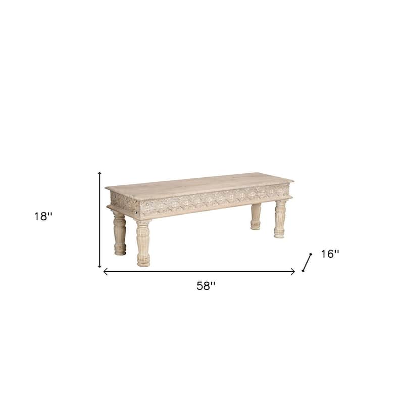 HomeRoots 58" White Distressed and Carved Solid Wood Dining bench - 61