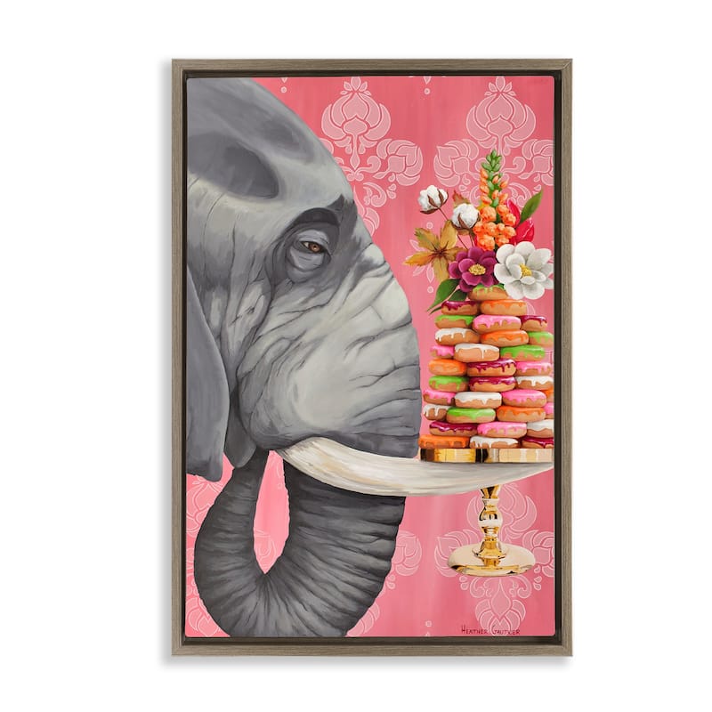 Stupell Elephant & Stacked Desserts Framed Floater Canvas Wall Art Design By Heather Gauthier - 21 x 31 - Brown