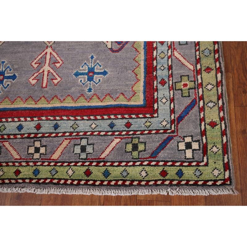 Gray Geometric Kazak Foyer Rug Handmade Oriental Wool Carpet - 3'4" x 5'5"