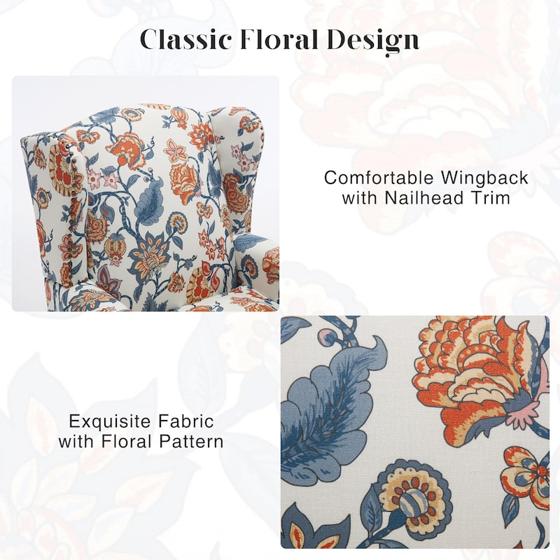 HOMYKA 29'' Wide Floral Pattern Wingback Accent Armchair with Nailhead Trim