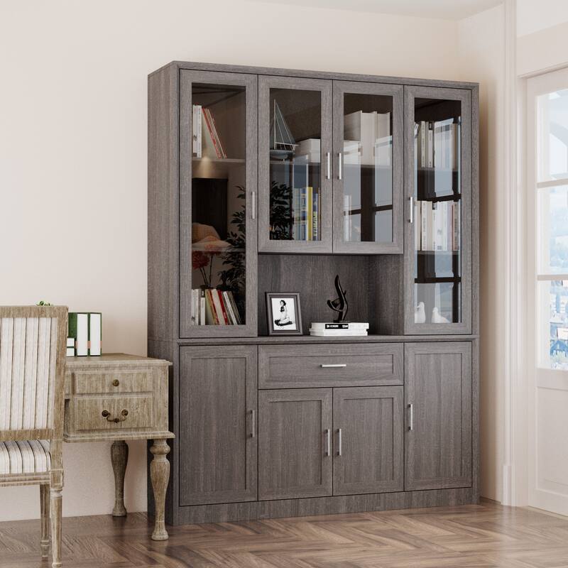 Modular Glass Door Bookcase Wall Unit with Storage Cabinets and Drawers, Dark Oak Display Hutch for Living Room or Home Office