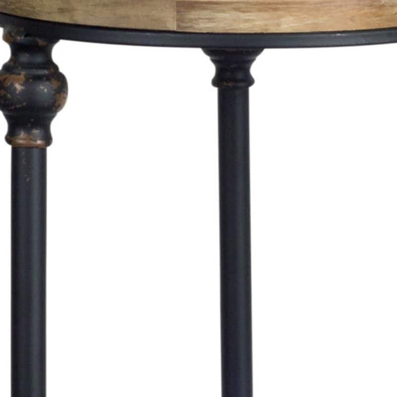 Brown Wood and Black Metal Round End Table Set of 2 with 3 Leg Bases - 12" x 12" x 26.75" (D x W x H)