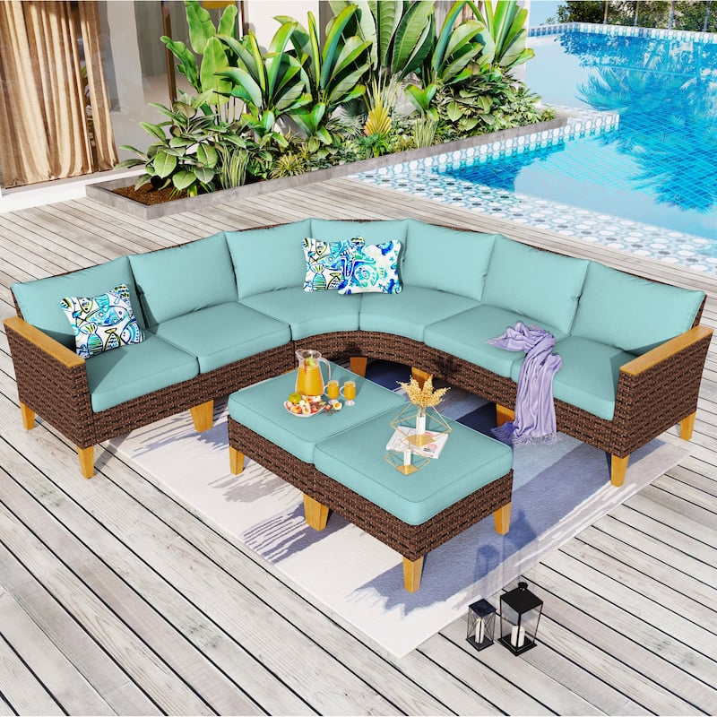 12-Seat Outdoor Wicker Half-Round Furniture Set, Half-Moon Sectional Sofa All Weather Curved Conversation Set - 8-Seat - Type C