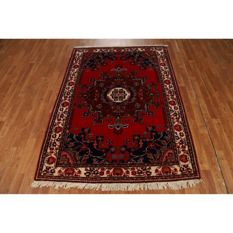 Red Geometric Hamedan Persian Rug Handmade Wool Carpet - 4'8"x 6'4"