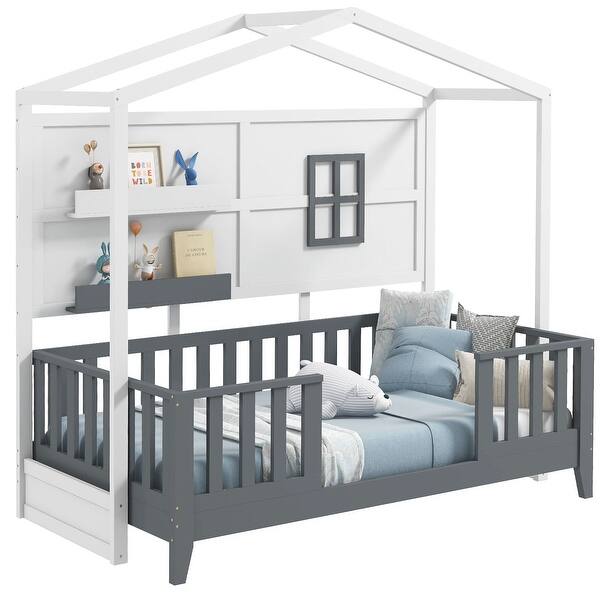slide 2 of 9, Costway Twin Size Kids House Bed with Fence Window Wooden Slats & 2 White & Gray - See Details