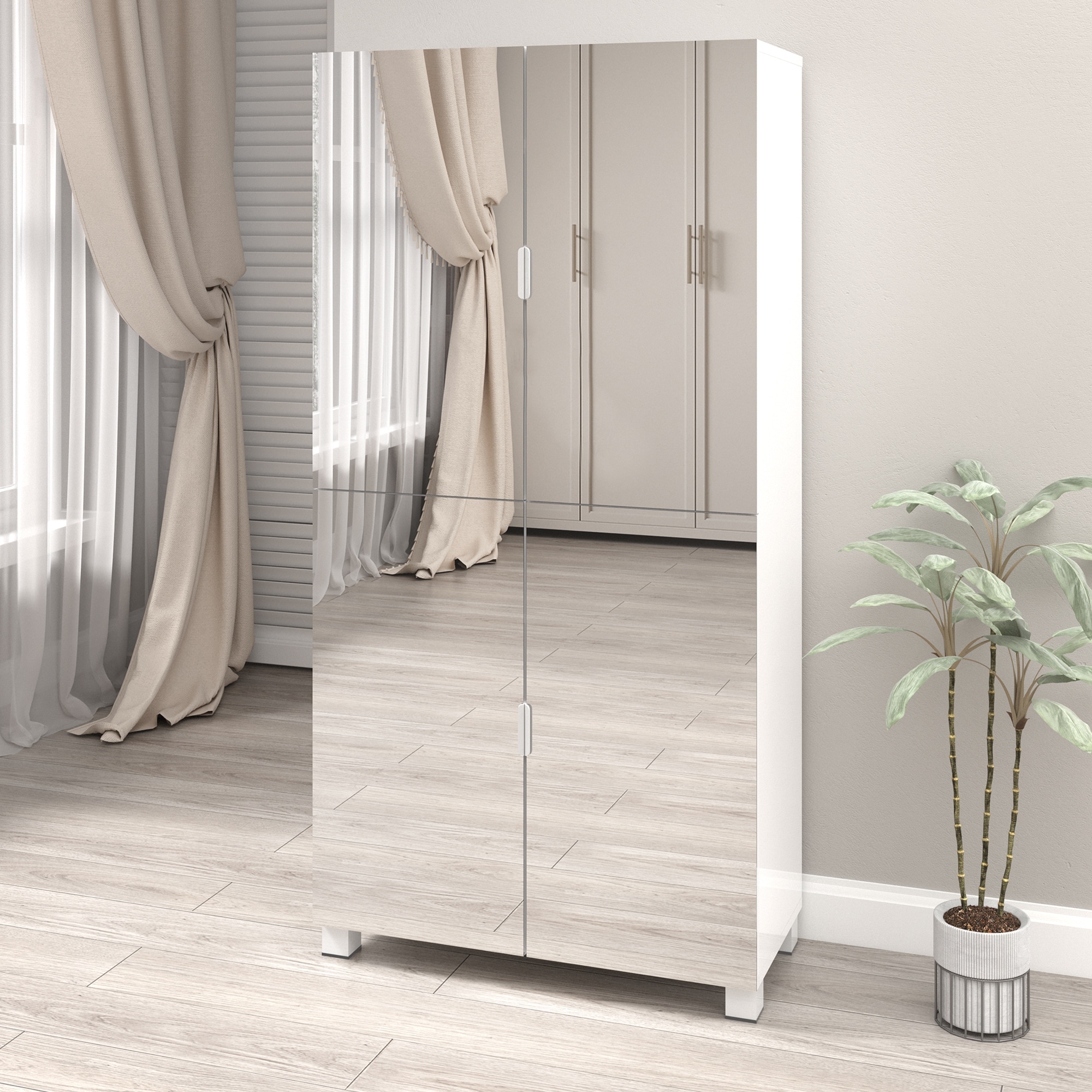Shoe Storage Cabinet with Mirrors, Large White MDF 4-Door Wardrobe