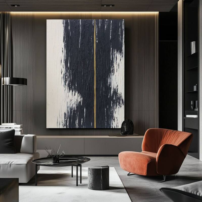 Black, White Gold Handmade Pant Abstract Textured Oil Canvas Wall Art 47" X 31"