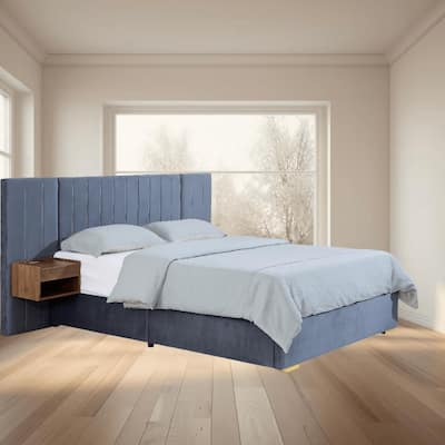 Luxurious King Size Velvet Platform Bed Frame with Tufted Wingback Headboard, Floating Nightstands and LED USB Charging Ports