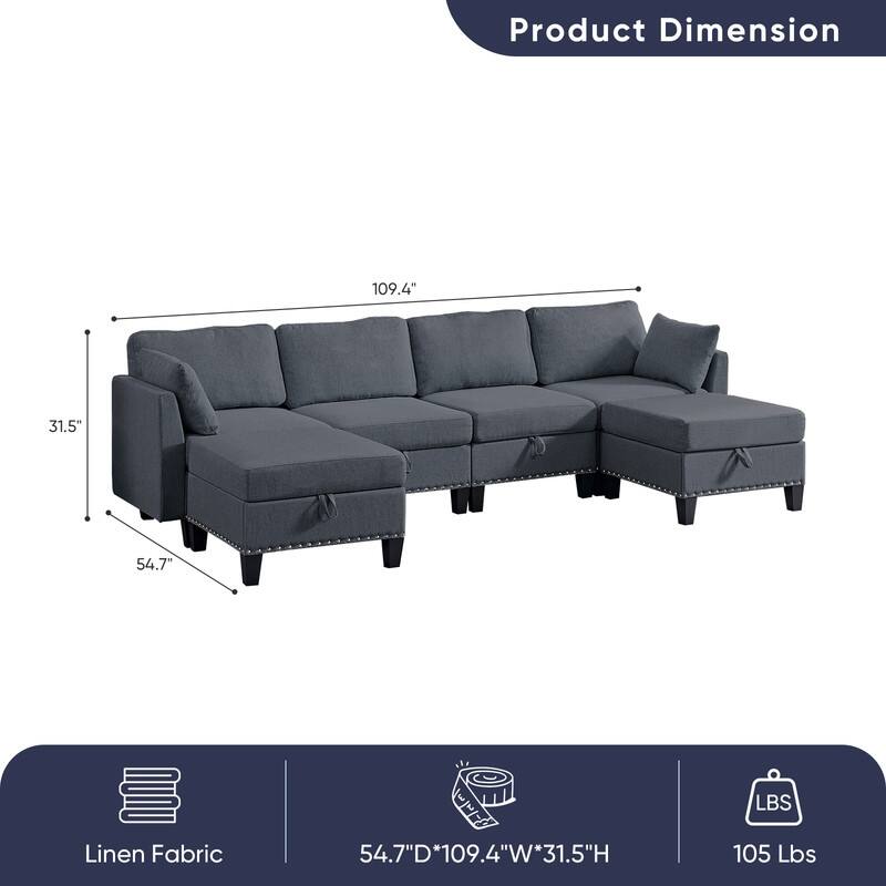 Mixoy Rivet Design Flexible Combination Reversible 4-Seater Modular Sofa with Storage Ottomans,Linen Convertible Sleeper Sofa