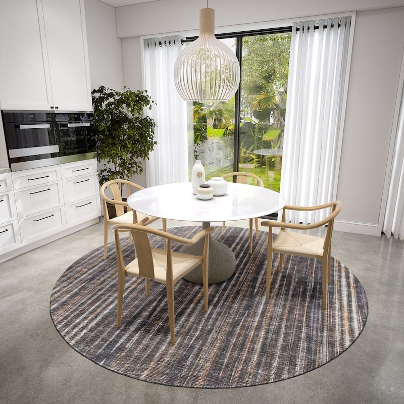 Indoor/Outdoor Waverly Modern Stripes Washable Rug - 8' x 8' Round - Brown