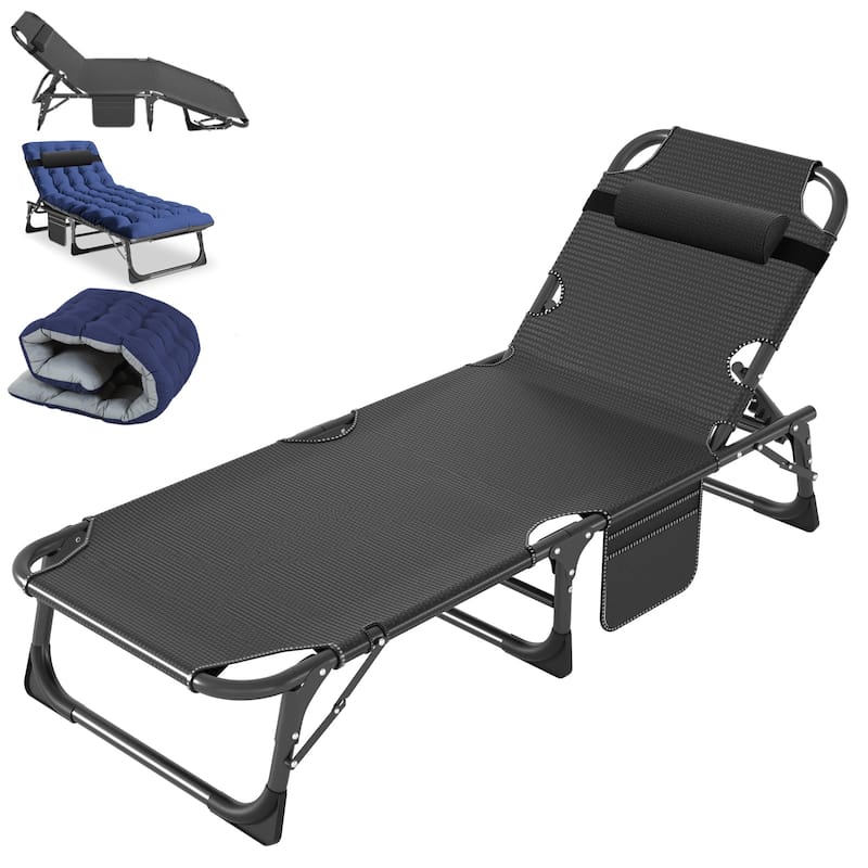 DoCred Folding Camping Cot, Chaise Lounge Chair with Mattress - Blue
