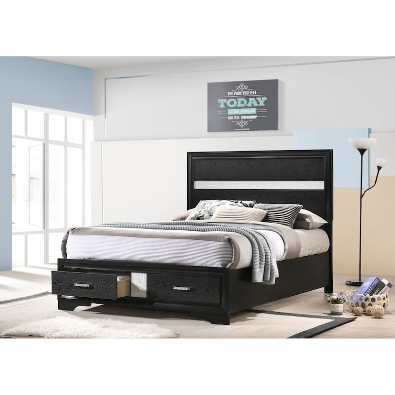 Full Size Solid Wood Panel Bed with Integrated Drawers and Slatted Platform - Black