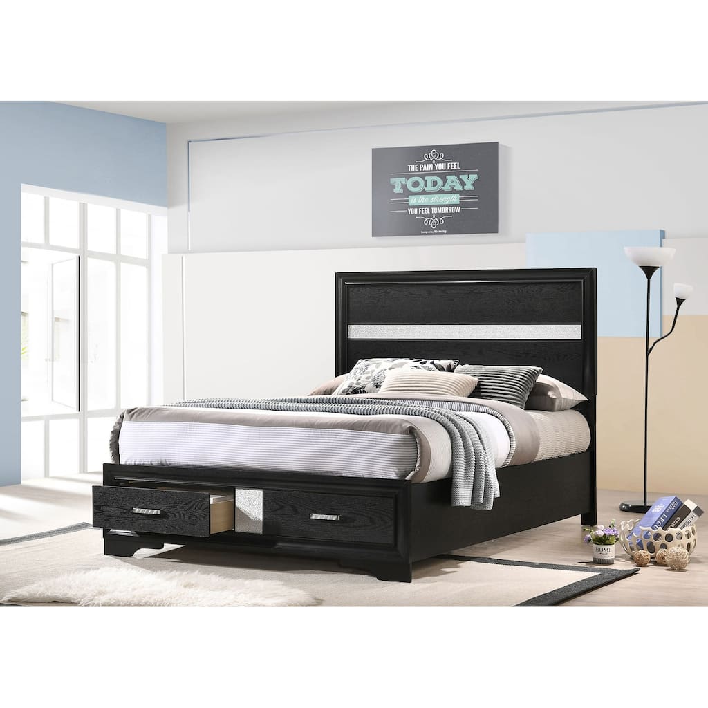 Full Storage Panel Bed with Integrated Drawers, Black Finish, and Crystal-Accented Pulls