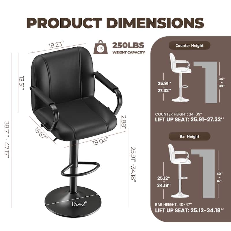 Swivel Bar Stools with Back Support - Adjustable Height Counter Stools for Kitchen Island & Home Bar