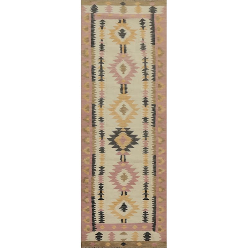 Hand Woven Oriental 100% Wool Carpet Southwestern Tribal Beige & Ivories Kilim Runner Rug - 9' 10'' X 2' 9''
