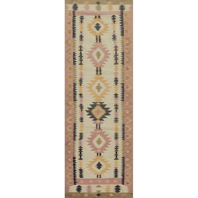 Hand Woven Oriental 100% Wool Carpet Southwestern Tribal Beige & Ivories Kilim Runner Rug - 9' 10'' X 2' 9''