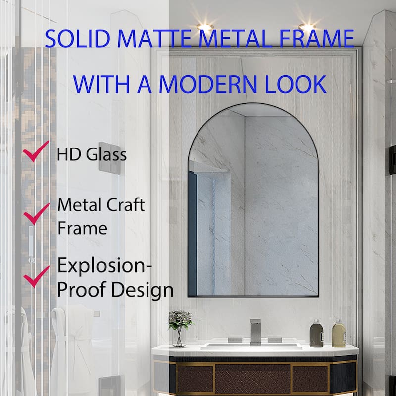 Arched Metal Framed Bathroom Mirror Cabinet, 24x36 Inch Wall Mounted or Recessed Medicine Cabinet with Storage