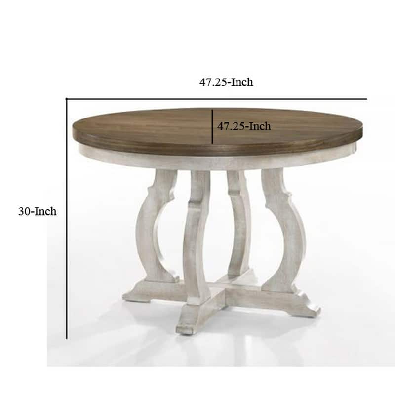 Siki 47 Inch Dining Table, Round Top, Rubberwood, Walnut and Antique White
