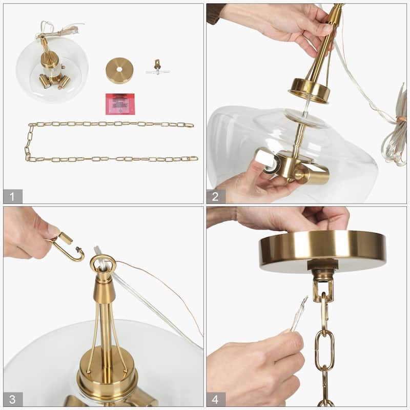 Zelena Modern Farmhouse Gold Chandelier Glass Drum Pendant Light for Dining Room