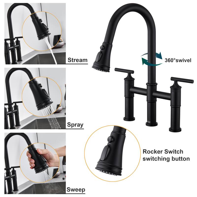 Clihome 3-Function Stainless PullDown Kitchen Heritage Bridge Faucet