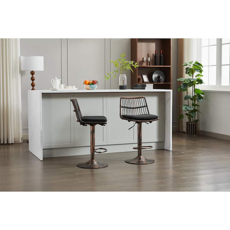 Set of 2 Vintage Rattan Bar Stool, 360° Swivel Seat Chair with Metal Base, Adjustable Height Counter Height Chair with Footrest